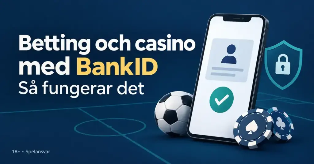 Illustration av en mobil med digital identifiering och en bock, en låssköld, en fotboll och kasinomarker bredvid texten ”Betting och casino med BankID – Så fungerar det”.