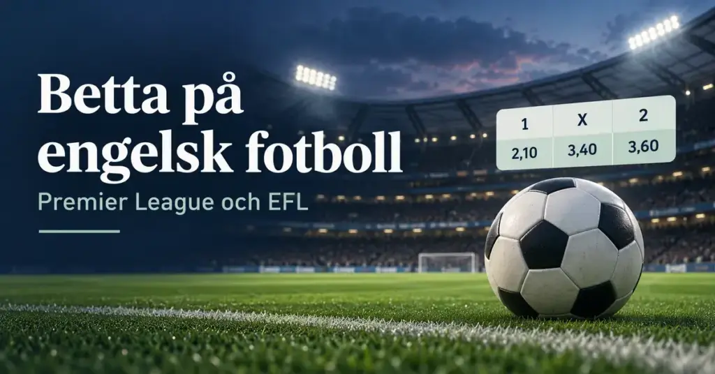 Fotboll på en upplyst arena med en oddstabell för 1, X och 2 samt texten ”Betta på engelsk fotboll – Premier League och EFL”.