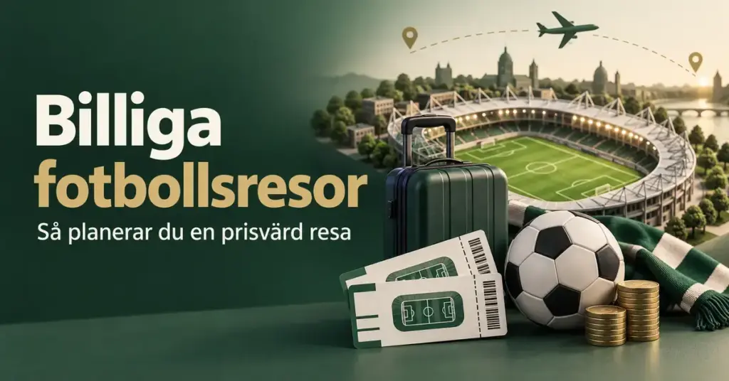 Illustration av en fotbollsarena, resväska, matchbiljetter, fotboll och mynt under ett flygplan, med texten ”Billiga fotbollsresor – Så planerar du en prisvärd resa”.