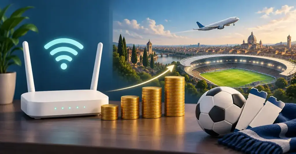 En wifi-router och staplar av mynt framför en fotbollsarena, med flygplan, fotboll och matchbiljetter som symboliserar hur billigare bredband kan ge mer pengar till nästa fotbollsresa.