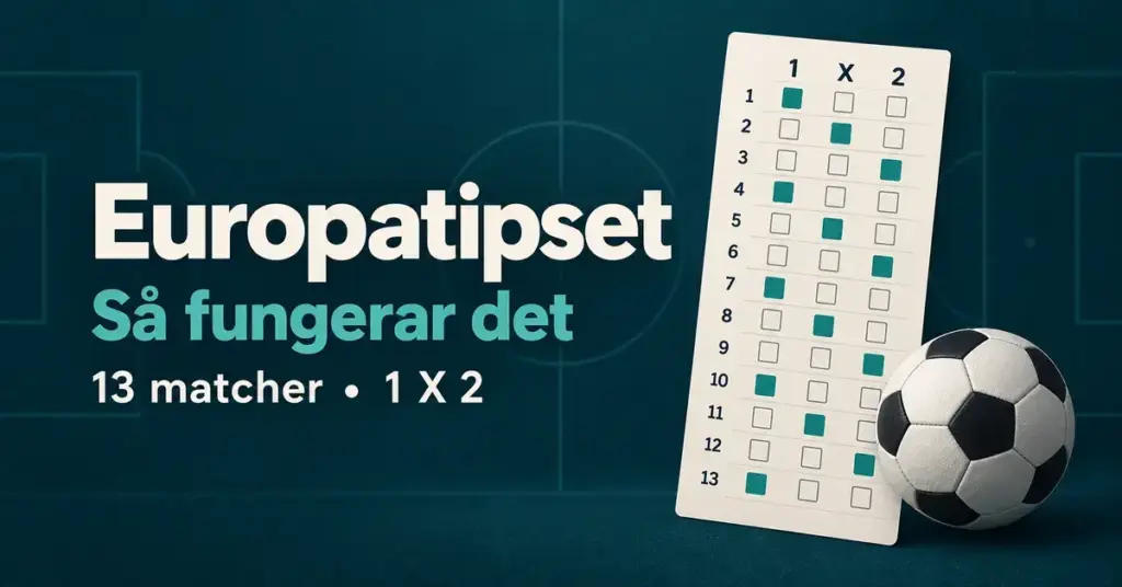 Illustration av Europatipset med en kupong för 13 matcher, tecknen 1, X och 2 samt en fotboll mot en mörkgrön fotbollsplan.