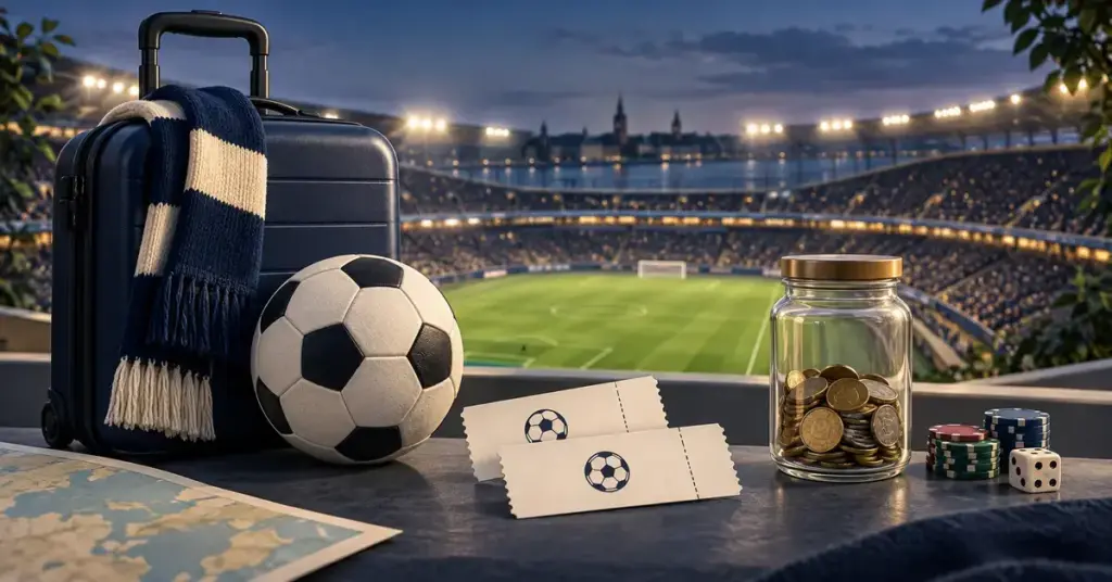 Resväska, fotboll och matchbiljetter framför en upplyst fotbollsarena, med en sparburk med mynt, spelmarker och en tärning bredvid.