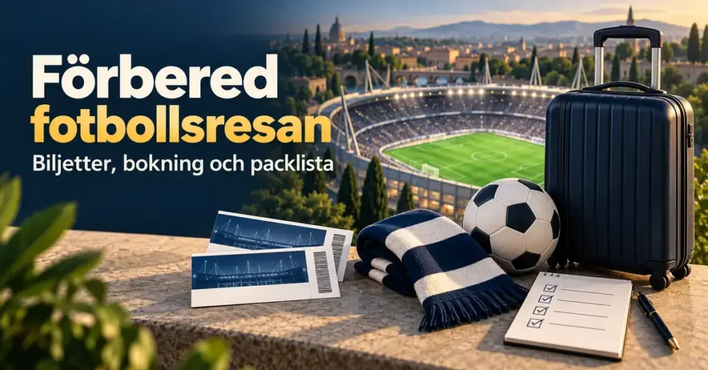 Matchbiljetter, resväska, halsduk, fotboll och packlista framför en fotbollsarena med rubriken ”Förbered fotbollsresan”.