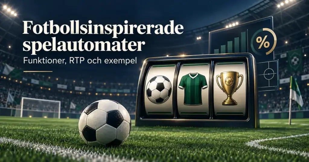 Illustration av en fotbollsinspirerad spelautomat med boll, tröja och pokal på en fotbollsarena samt rubrik om funktioner, RTP och exempel.