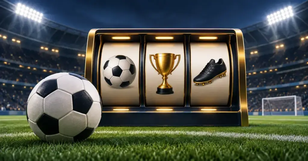 En fotboll framför en spelautomat med symboler av en boll, en pokal och en fotbollssko på en upplyst fotbollsarena.