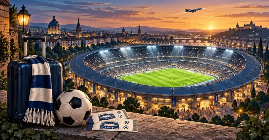 Illustration av en upplyst fotbollsarena i en europeisk stad i solnedgång, med resväska, supporterhalsduk, fotboll och matchbiljetter i förgrunden samt ett flygplan på himlen.