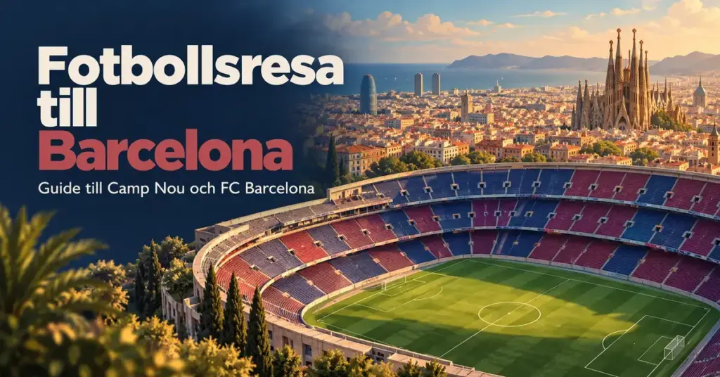 Illustration av en fotbollsarena med blå och vinröda läktare framför Barcelonas stadssiluett och Sagrada Família, med texten ”Fotbollsresa till Barcelona – Guide till Camp Nou och FC Barcelona”.