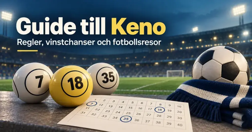 Numrerade Kenobollar och en spelkupong bredvid en fotboll och halsduk på en fotbollsarena, med rubriken ”Guide till Keno”.