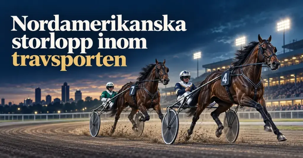 Två travhästar med kuskar i sulky tävlar på en upplyst bana i skymningen under rubriken ”Nordamerikanska storlopp inom travsporten”.