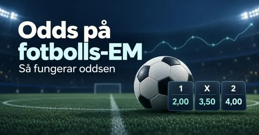 Fotboll på en upplyst arena med exempel på 1X2-odds, en oddskurva och texten ”Odds på fotbolls-EM – Så fungerar oddsen”.