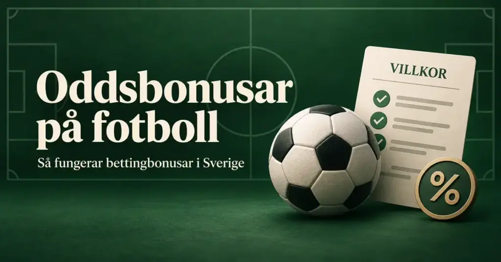 Fotboll, procentsymbol och en checklista med villkor mot en grön fotbollsplan, med texten ”Oddsbonusar på fotboll – Så fungerar bettingbonusar i Sverige”.