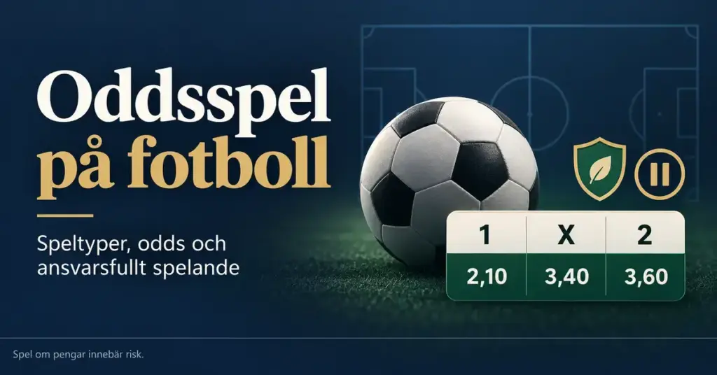 Illustration med en fotboll, en oddstabell för 1, X och 2 samt text om speltyper, odds, ansvarsfullt spelande och risken med spel om pengar.