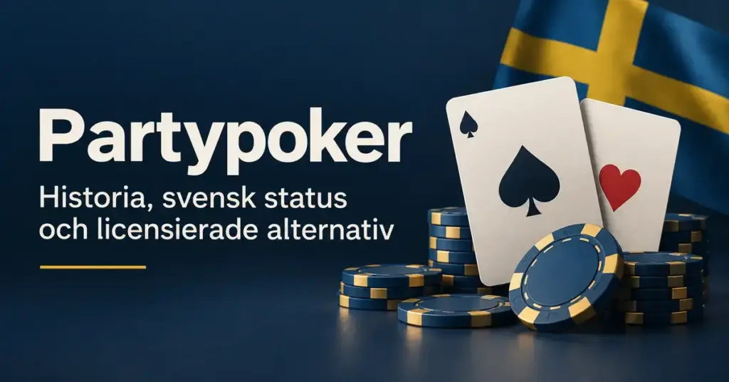 Spelkort och pokermarker framför svenska flaggan intill text om Partypokers historia, svenska status och licensierade alternativ.
