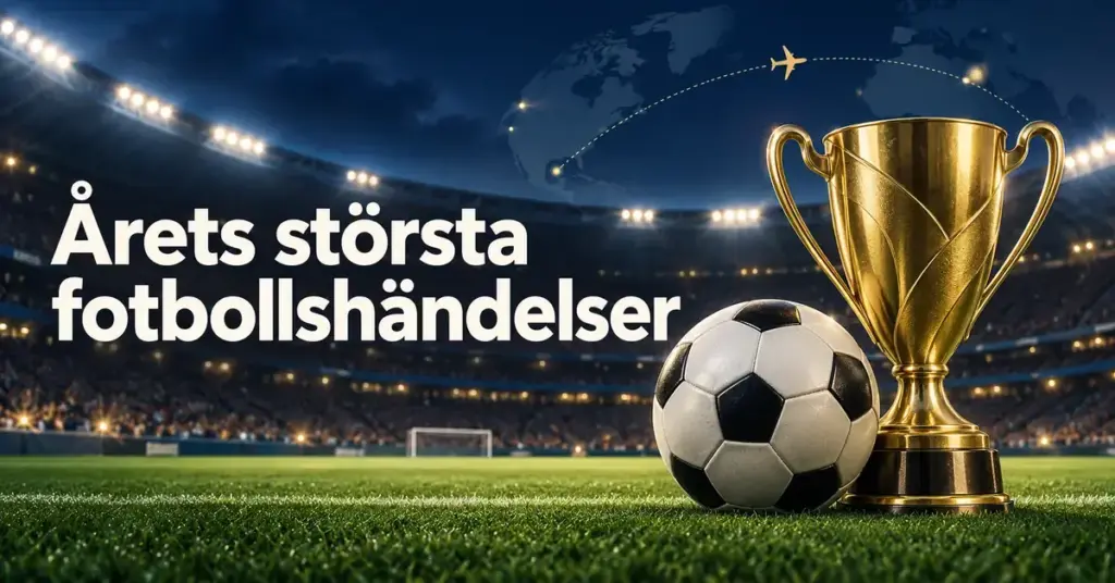 En fotboll och en gyllene pokal på en upplyst arena, med en flygrutt över en världskarta och texten ”Årets största fotbollshändelser”.