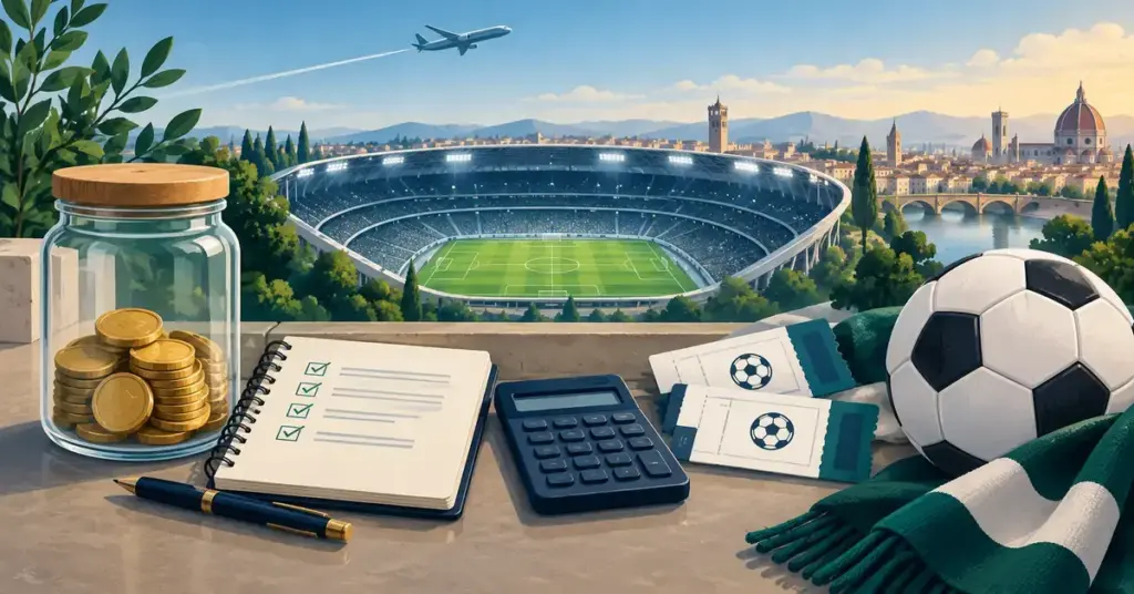 Illustration av en sparburk med mynt, en budgetbok, en miniräknare och matchbiljetter framför en fotbollsarena, med en fotboll och ett flygplan som symboler för en planerad fotbollsresa.