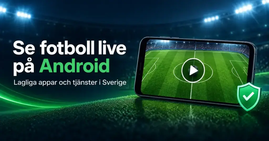 Illustration av en mobiltelefon med en fotbollsplan på skärmen och texten ”Se fotboll live på Android – Lagliga appar och tjänster i Sverige”.