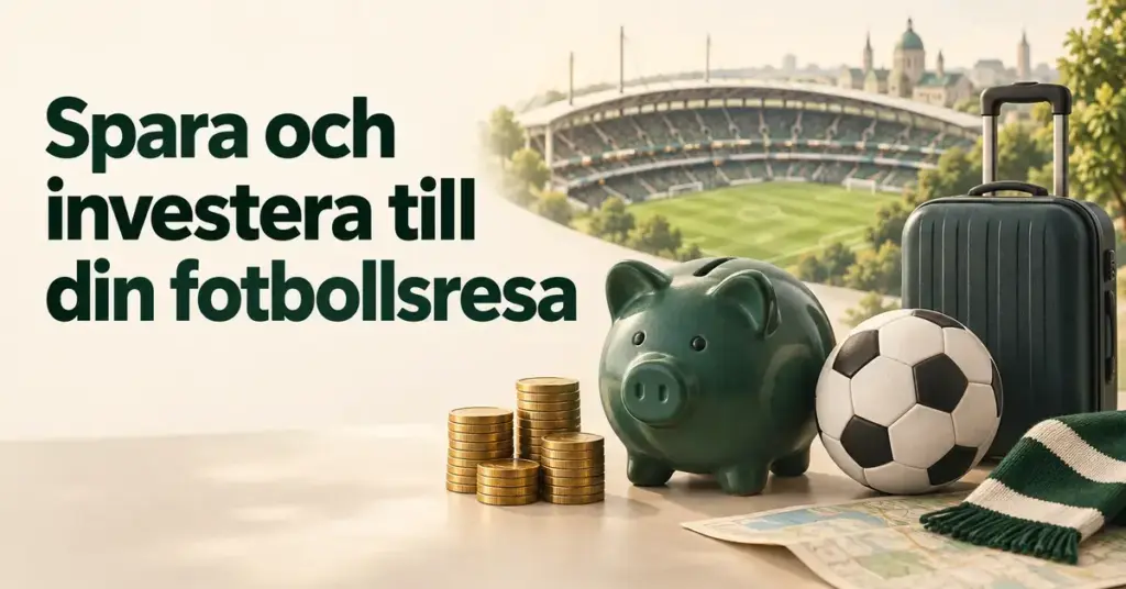 En grön spargris och mynt bredvid en fotboll och resväska framför en fotbollsarena, med texten ”Spara och investera till din fotbollsresa”.