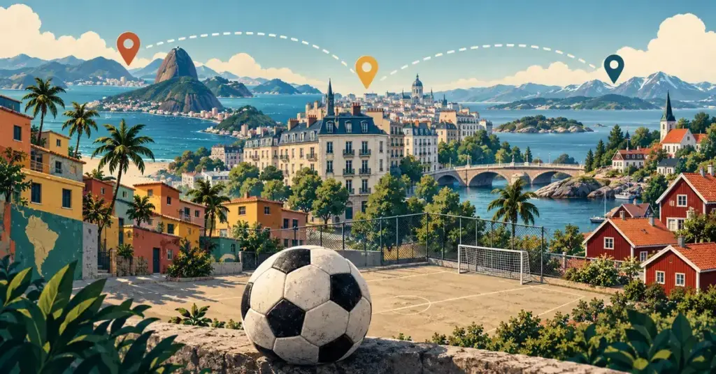 Illustration av en fotboll framför en kvartersplan och stadsmiljöer från olika delar av världen, sammanbundna av resvägar och platsmarkörer.